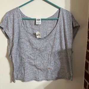 NWT PINK Victoria’s Secret gray cropped tee size large says “STAY PINK”